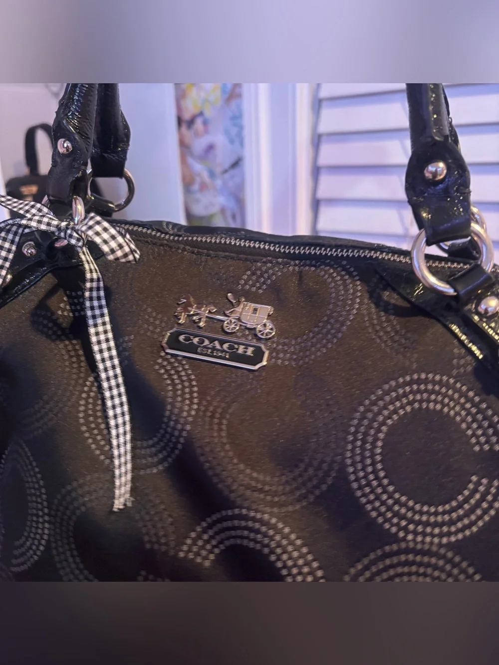 Coach Black Signature Dot Satchel with Bow Accent